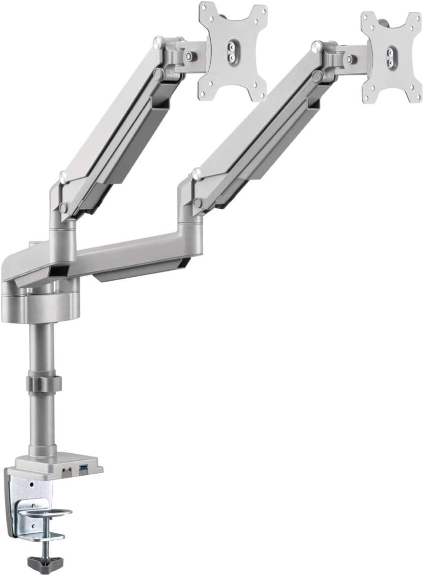Tripp Lite Dual-Display Flex-Arm Mount for 17" to 32" Monitors - Clamp or Grommet, USB, Audio Ports - Kit de montaje (montaje con pinza de sujeción para escritorio) - para 2 pantallas LCD (full-motion) - acero - plata - tamaño de pantalla: 17"-32" - escritorio