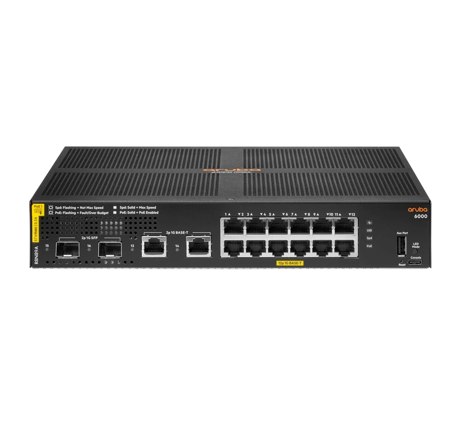 HPE Aruba 6000 12G Class4 PoE 2G/2SFP 139W Switch – Conmutador – Gestionado – 12 x 10/100/1000 (PoE+) + 2 x Gigabit SFP + 2 x 1000Base-T – montaje en rack – PoE (139 W) Conmutador HPE Aruba Networking CX 6000 12G Clase 4 PoE 2G/2SFP 139W - Imagen 1