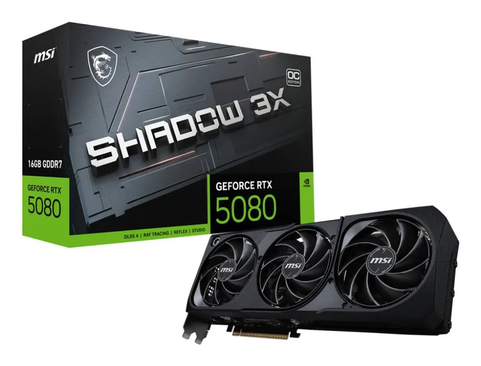 MSI – PCI Express – NVIDIA GeForce RTX 5080 – 16G Shadow 3X OC Tarjeta de Video MSI GeForce RTX 5080 16G SHADOW 3X OC, 16GB GDDR7, 1x HDMI, 3x DisplayPort - Imagen 1