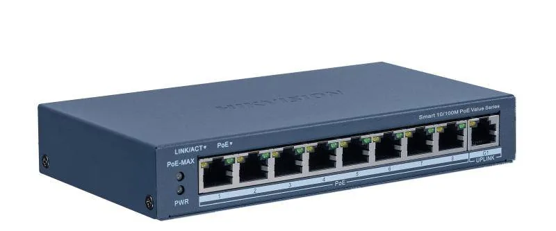 Hikvision – Switch – Ethernet – 8 – Fast Ethernet – Smart POE Switch PoE Inteligente de 8x10/100 Mbps PoE port,1xGigabit RJ45 Hikvision DS-3E1309P-EI/M - Imagen 1