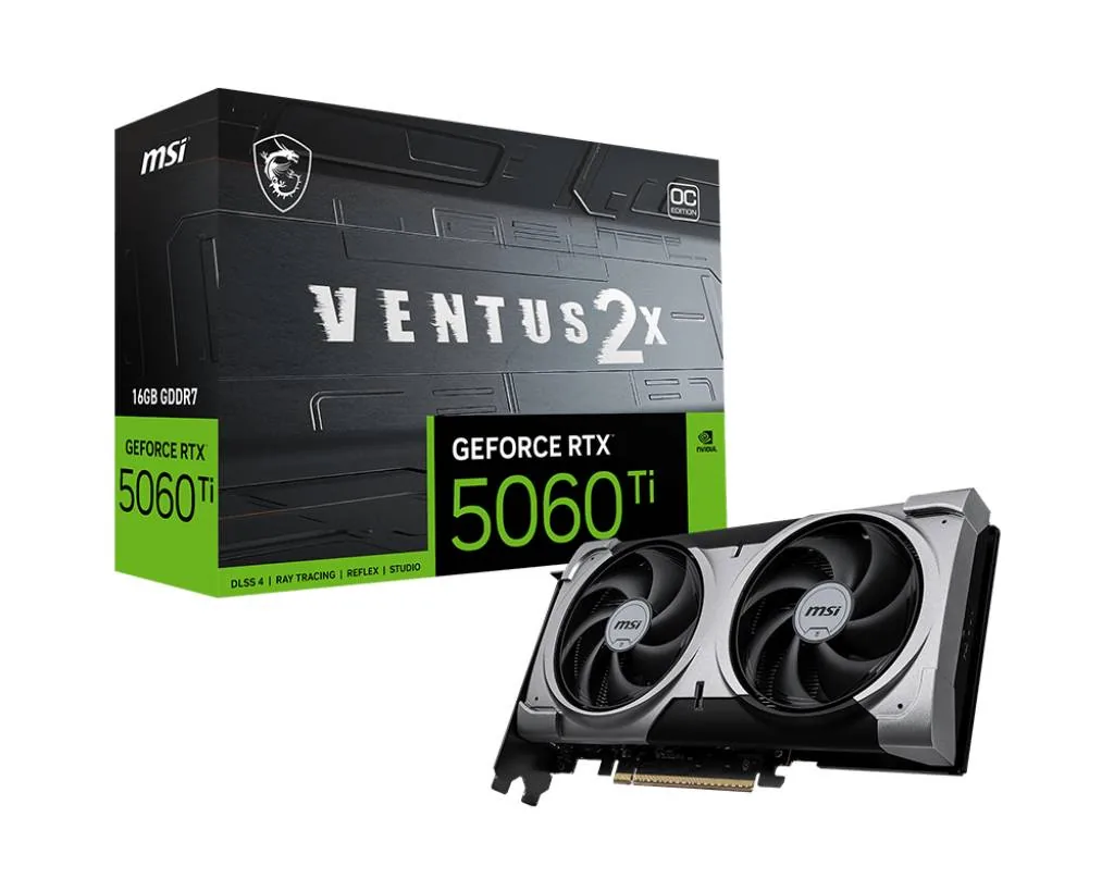 MSI – PCI Express – NVidea GeForce RTX 5060 Ti – 16G VENTUS 2X OC BLACK PLUS Tarjeta de Video MSI NVIDIA GeForce RTX 5060 Ti 16GB VENTUS 2X OC PLUS GDDR7 PCIe 5.0 - Imagen 1