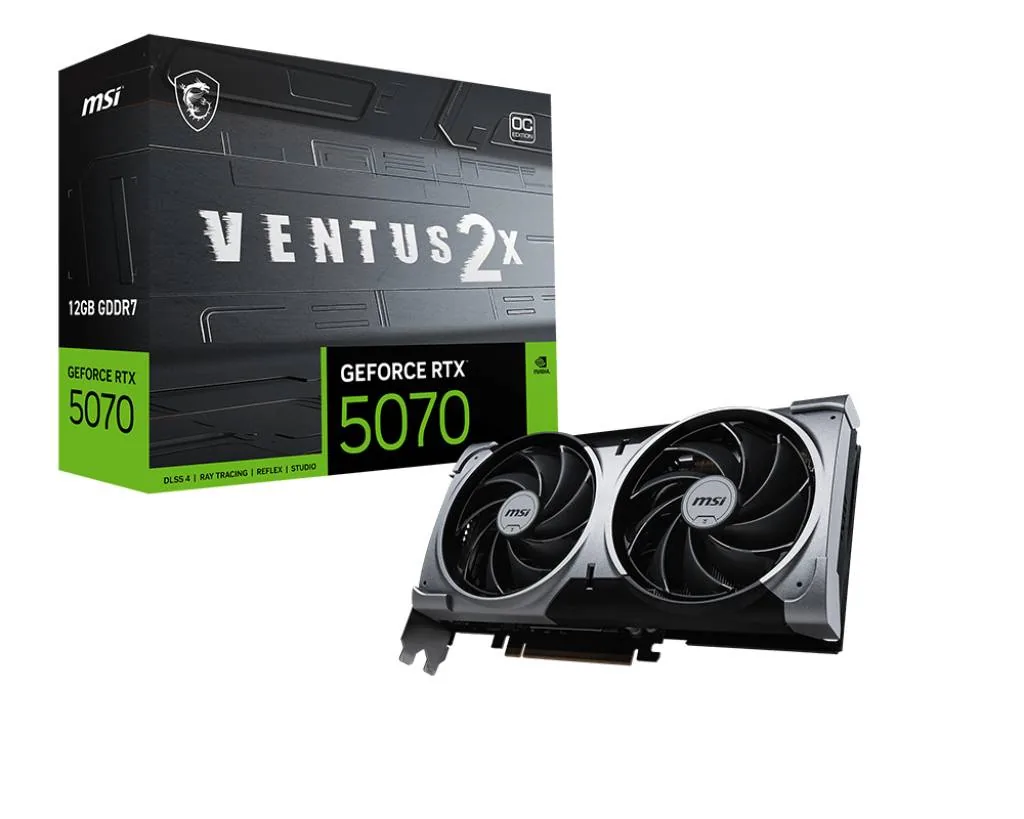 MSI – PCI Express – NVIDIA GeForce RTX 5070 – 12G VENTUS 2X OC Tarjeta de Video MSI NVIDIA GeForce RTX 5070 Ventus 2X OC 12GB GDDR7 28 Gbps 192-bit PCIe 5.0 - Imagen 1
