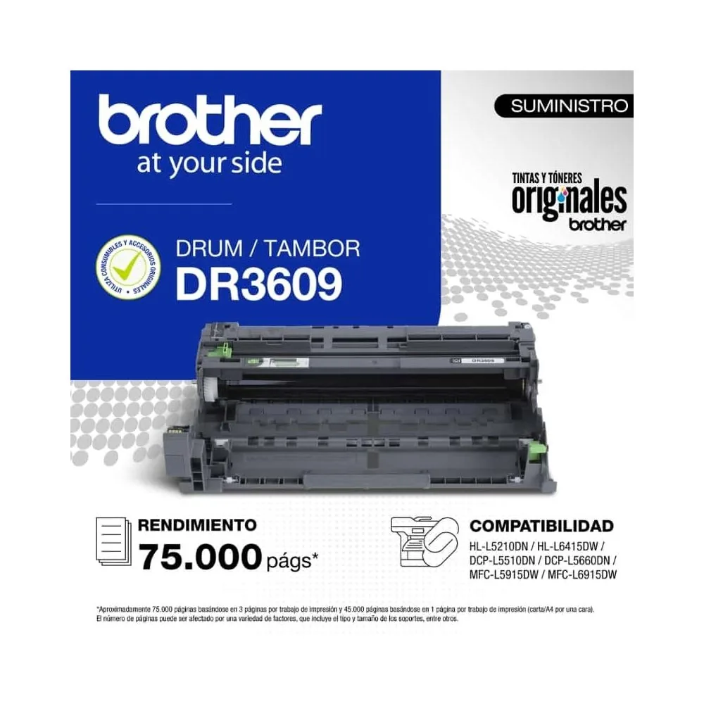 Brother – DR3609 – Drum cartridge Tambor de Imagen Brother DR-3639 DR3609 Rendimiento hasta 75.000 pag Láser - Imagen 1