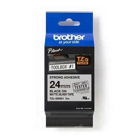 Brother Cinta adhesiva TZe-SM951, negra sobre fondo plateado mate, 24mm, 8m de longitud