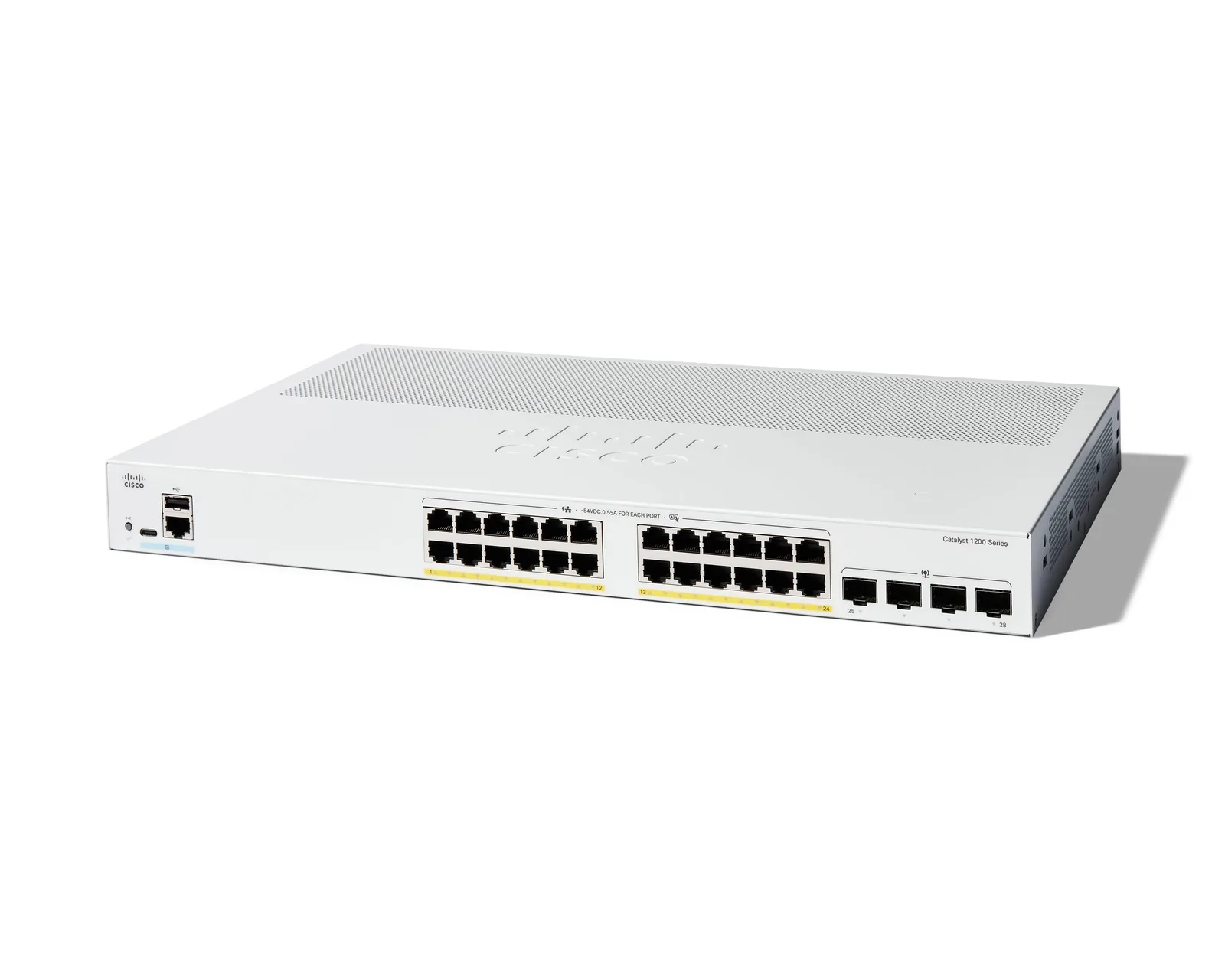 Cisco Catalyst 1200-24P-4G – Conmutador – L3 – inteligente – 24 x 10/100/1000Base-T + 4 x 10 Gigabit SFP+ – montaje en rack – PoE+ (195 W) Switch Cisco Catalyst C1200-24P-4G - 24 Puertos Gigabit PoE+, 4 Uplinks SFP, 195W - Imagen 1
